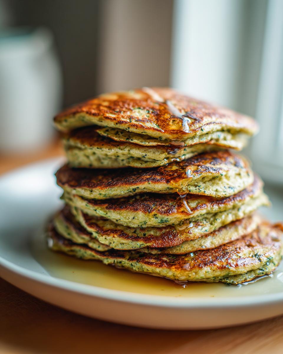 Stack of fluffy Green Smoothie Oatmeal Pancakes drizzled with syrup on a white plate.