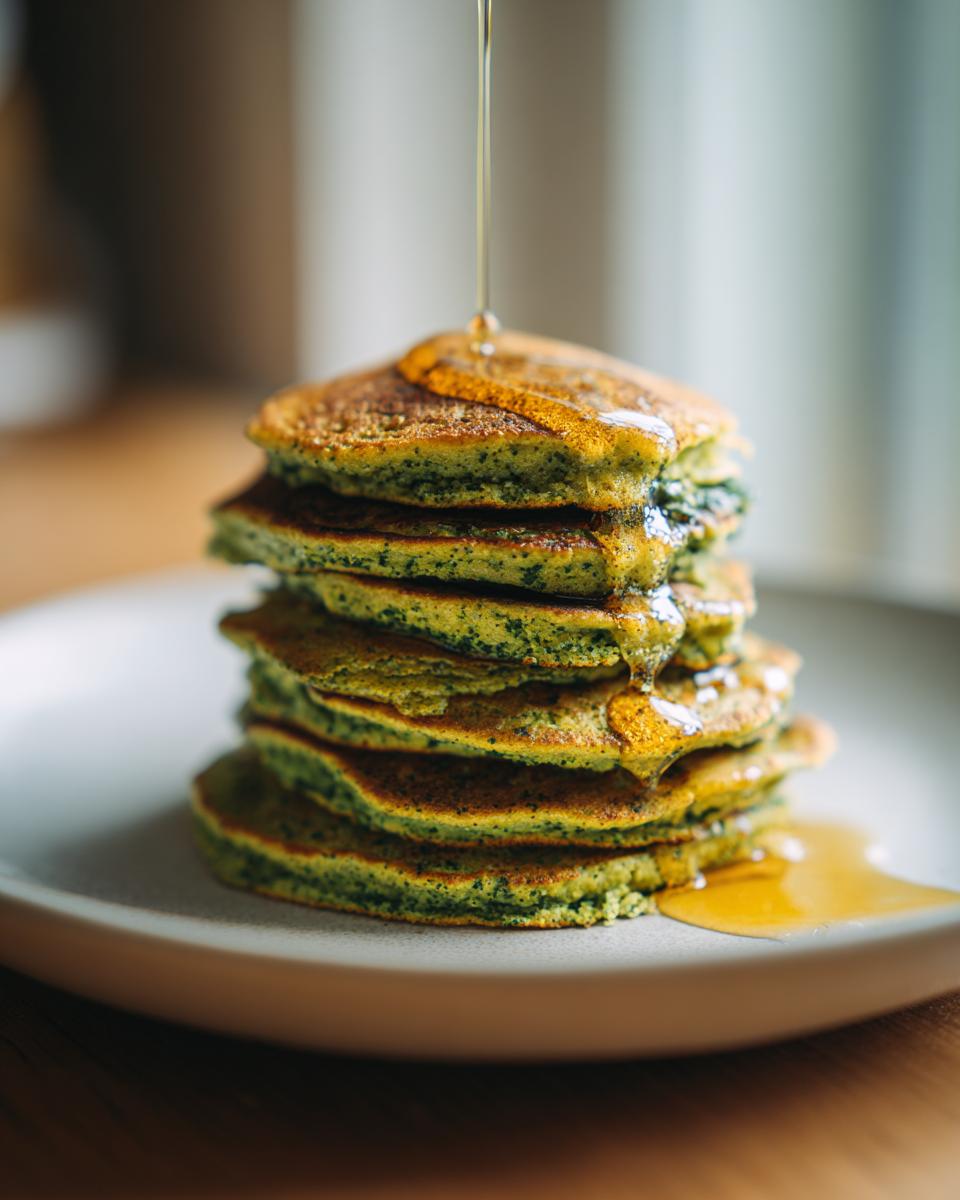 Stack of Green Smoothie Oatmeal Pancakes with syrup drizzling down. The perfect breakfast!