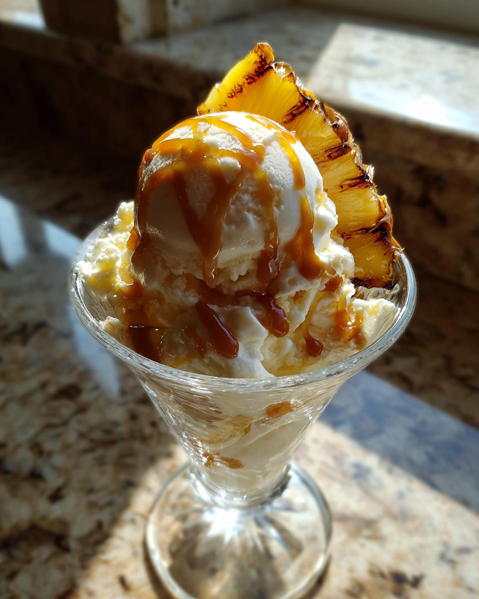 A sundae with vanilla ice cream, caramel sauce, and grilled pineapple. This is a Grilled Pineapple Caramel Sundae.