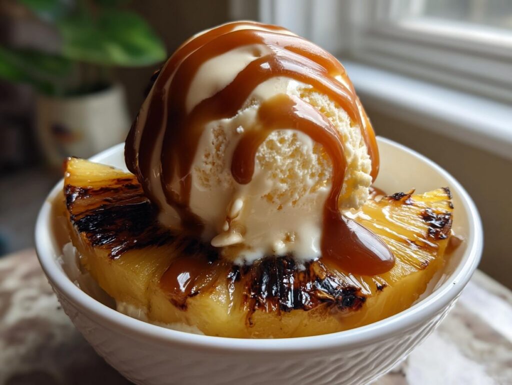 Grilled Pineapple Caramel Sundae with vanilla ice cream and caramel sauce in a white bowl.