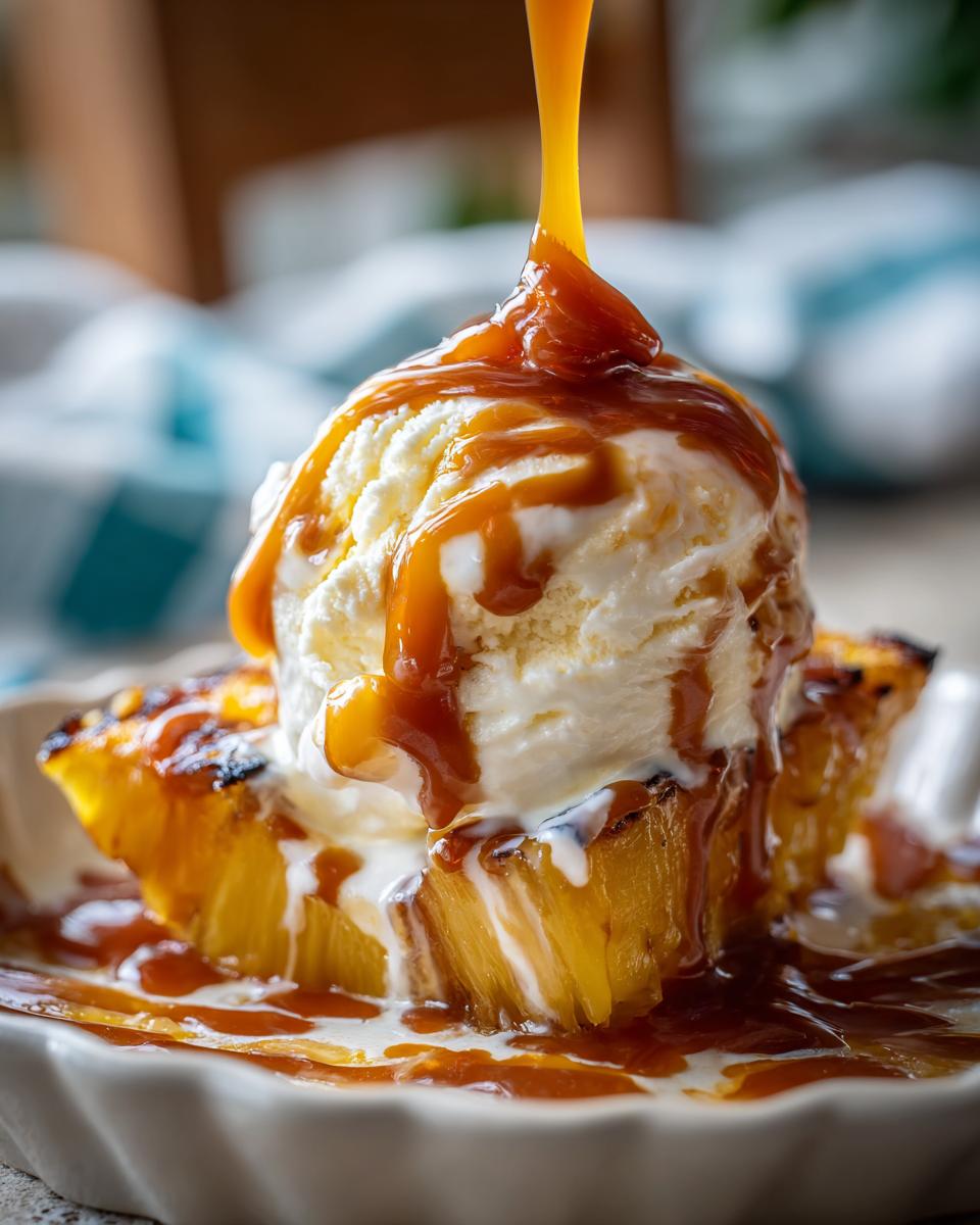 Close-up of a Grilled Pineapple Caramel Sundae with vanilla ice cream and caramel sauce.