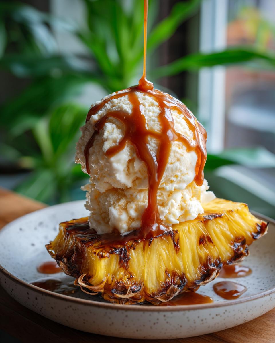 Delicious Grilled Pineapple Caramel Sundae with vanilla ice cream and caramel sauce drizzled on top.