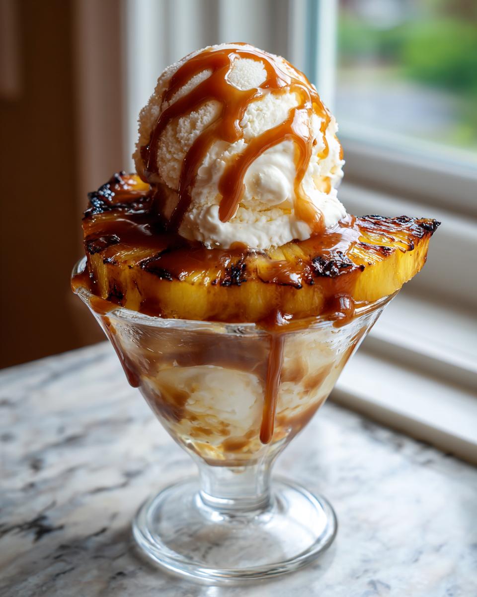 Grilled pineapple topped with vanilla ice cream and caramel sauce, a delicious Grilled Pineapple Caramel Sundae.