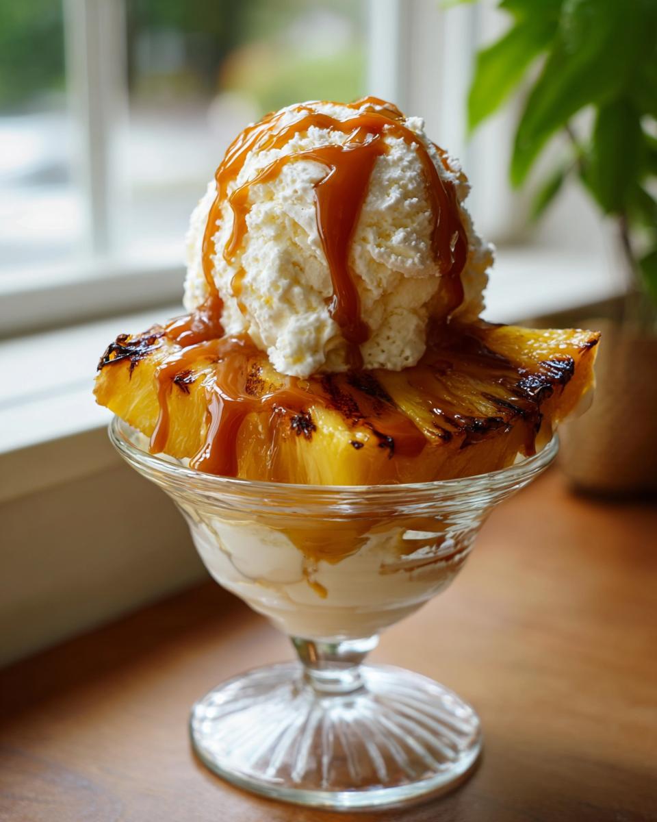 Grilled pineapple topped with vanilla ice cream and caramel sauce, a delicious Grilled Pineapple Caramel Sundae.