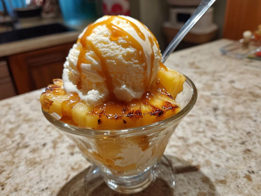 A delicious Grilled Pineapple Caramel Sundae with ice cream and caramel sauce in a glass.