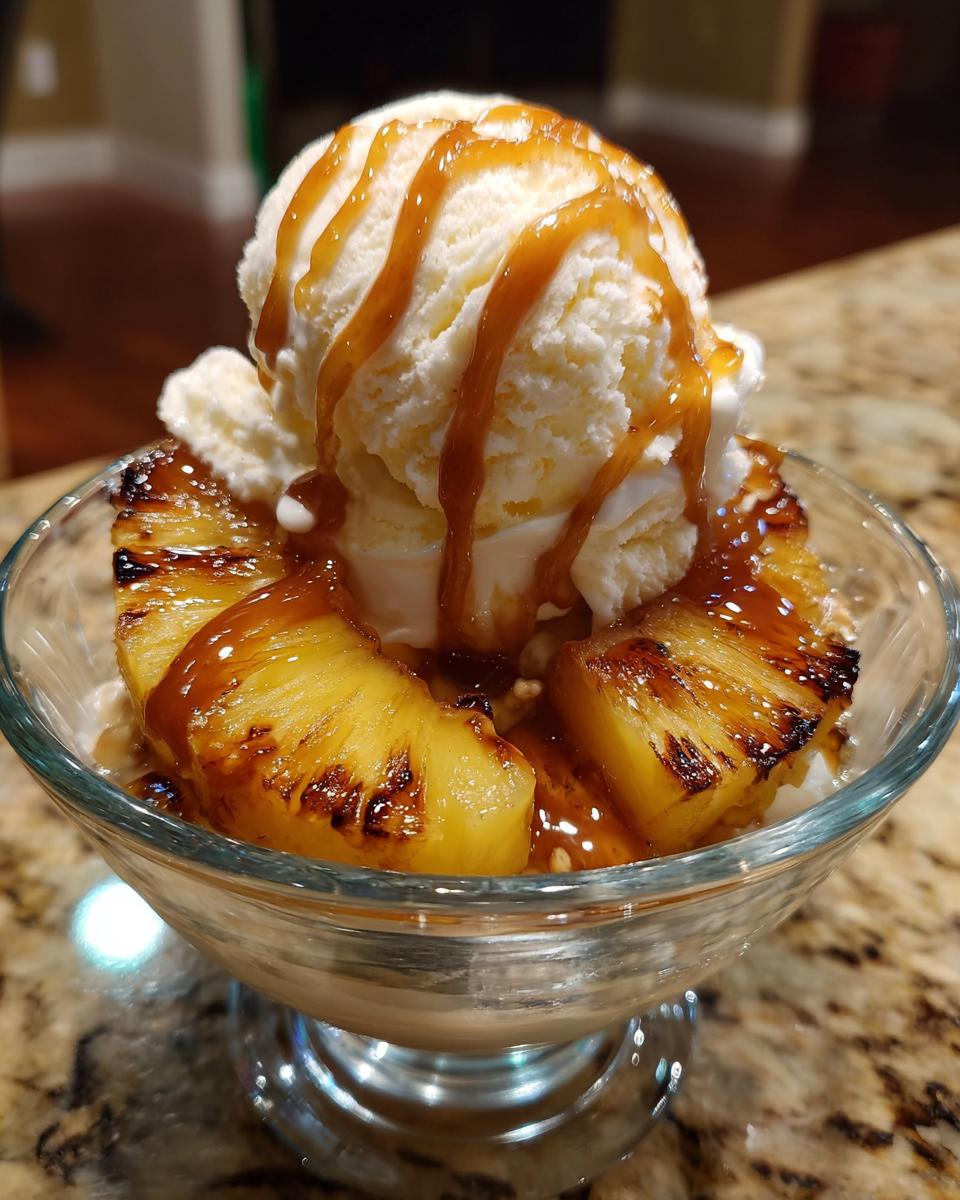 Close-up of a Grilled Pineapple Caramel Sundae in a glass bowl with ice cream and caramel drizzle.