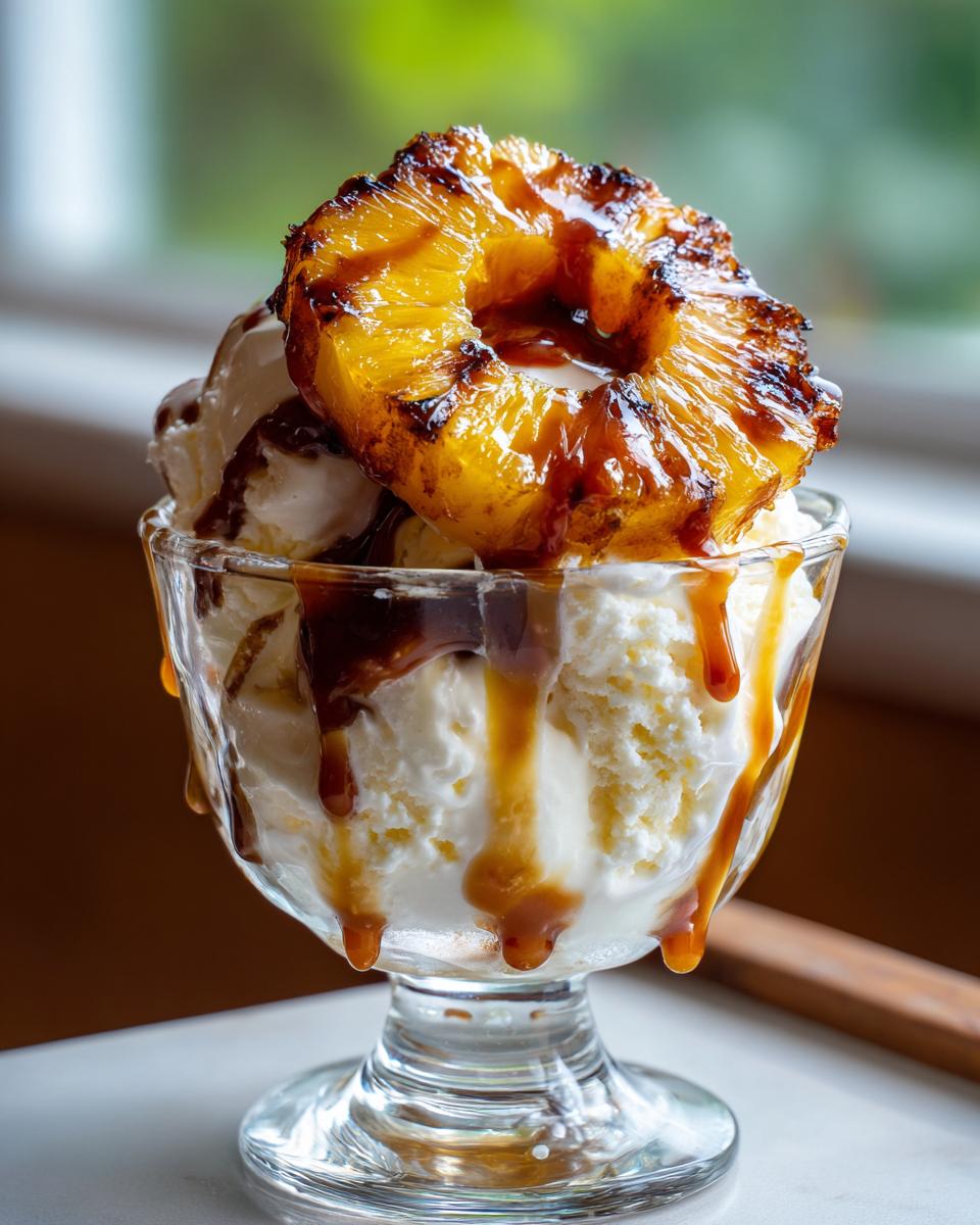 A delicious Grilled Pineapple Caramel Sundae with ice cream and caramel sauce in a glass.