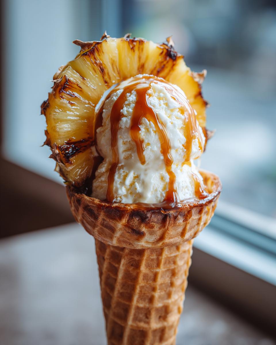 Close-up of a Grilled Pineapple Caramel Sundae in a waffle cone, drizzled with caramel.
