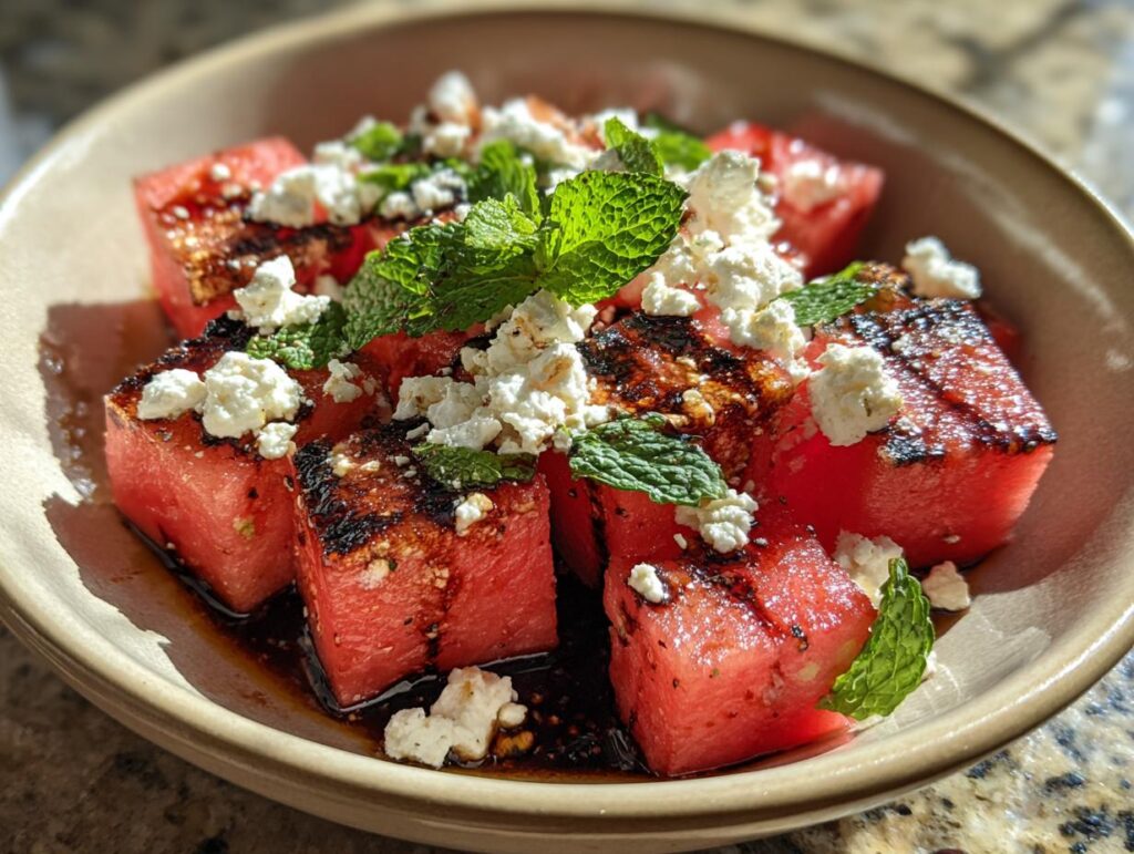 Close-up of a Grilled Watermelon Feta Salad in a bowl, garnished with mint.