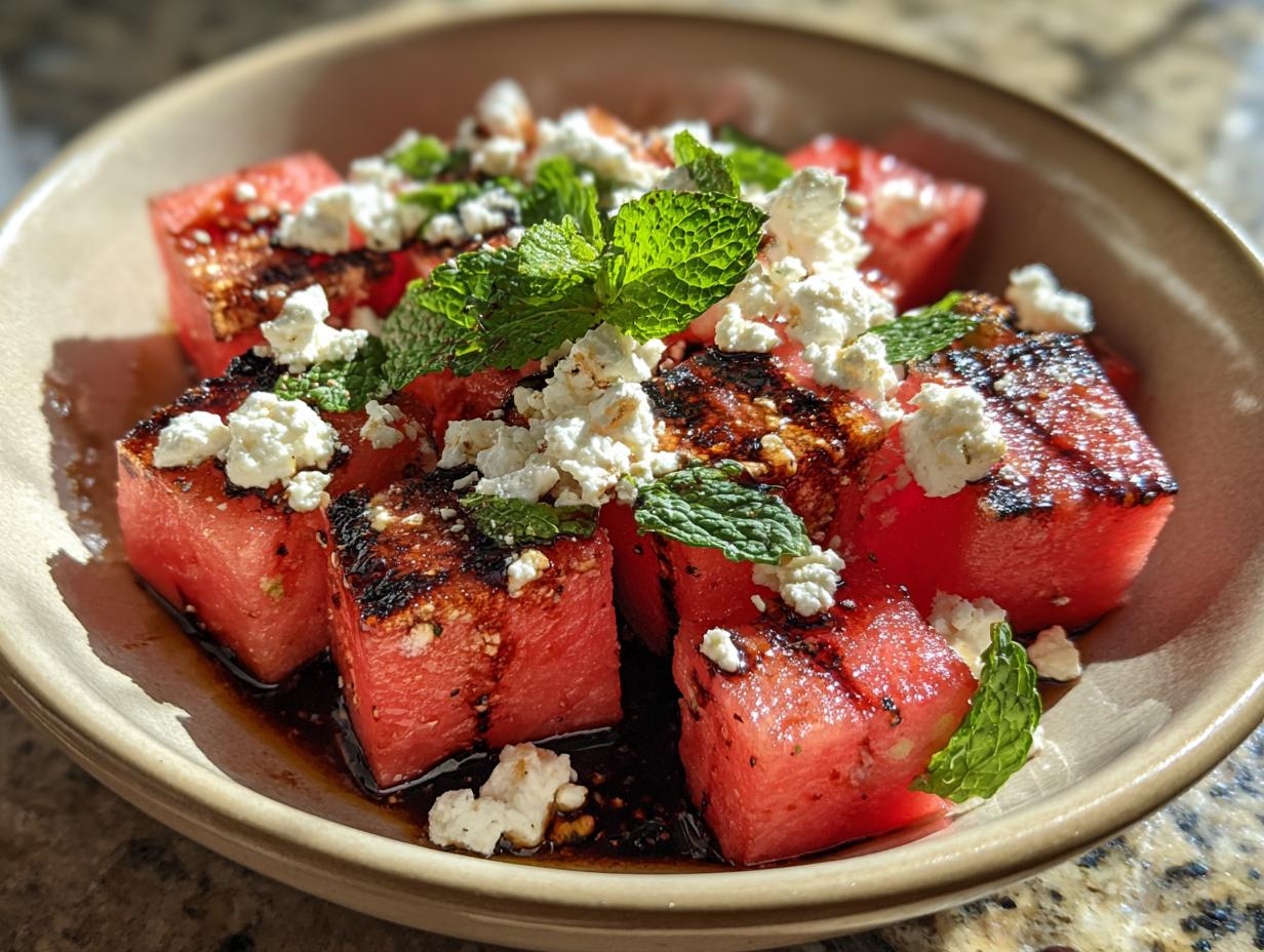 Close-up of a Grilled Watermelon Feta Salad in a bowl, garnished with mint.