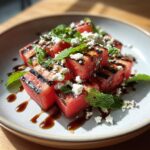 Close-up of a Grilled Watermelon Feta Salad with mint and balsamic glaze.
