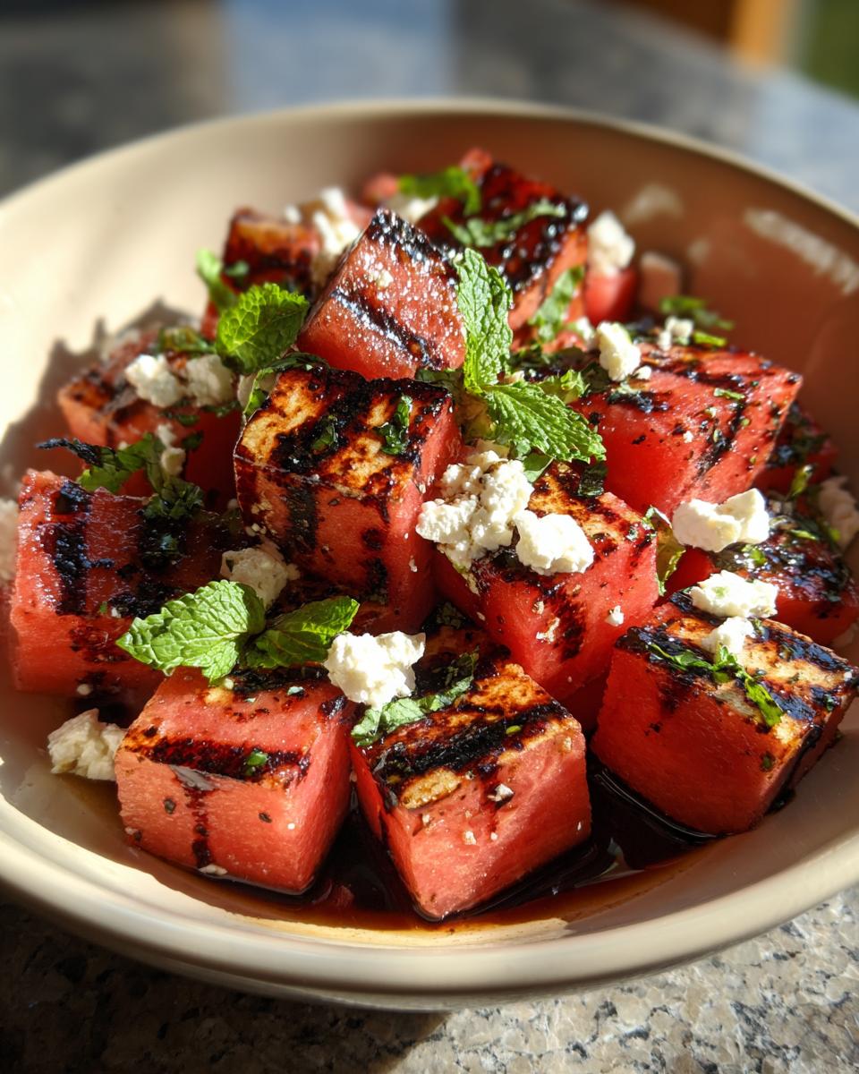 Close-up of a bowl of Grilled Watermelon Feta Salad with mint and balsamic glaze.