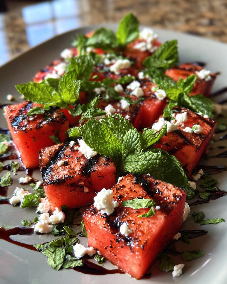 Close-up of a Grilled Watermelon Feta Salad with fresh mint and balsamic glaze.