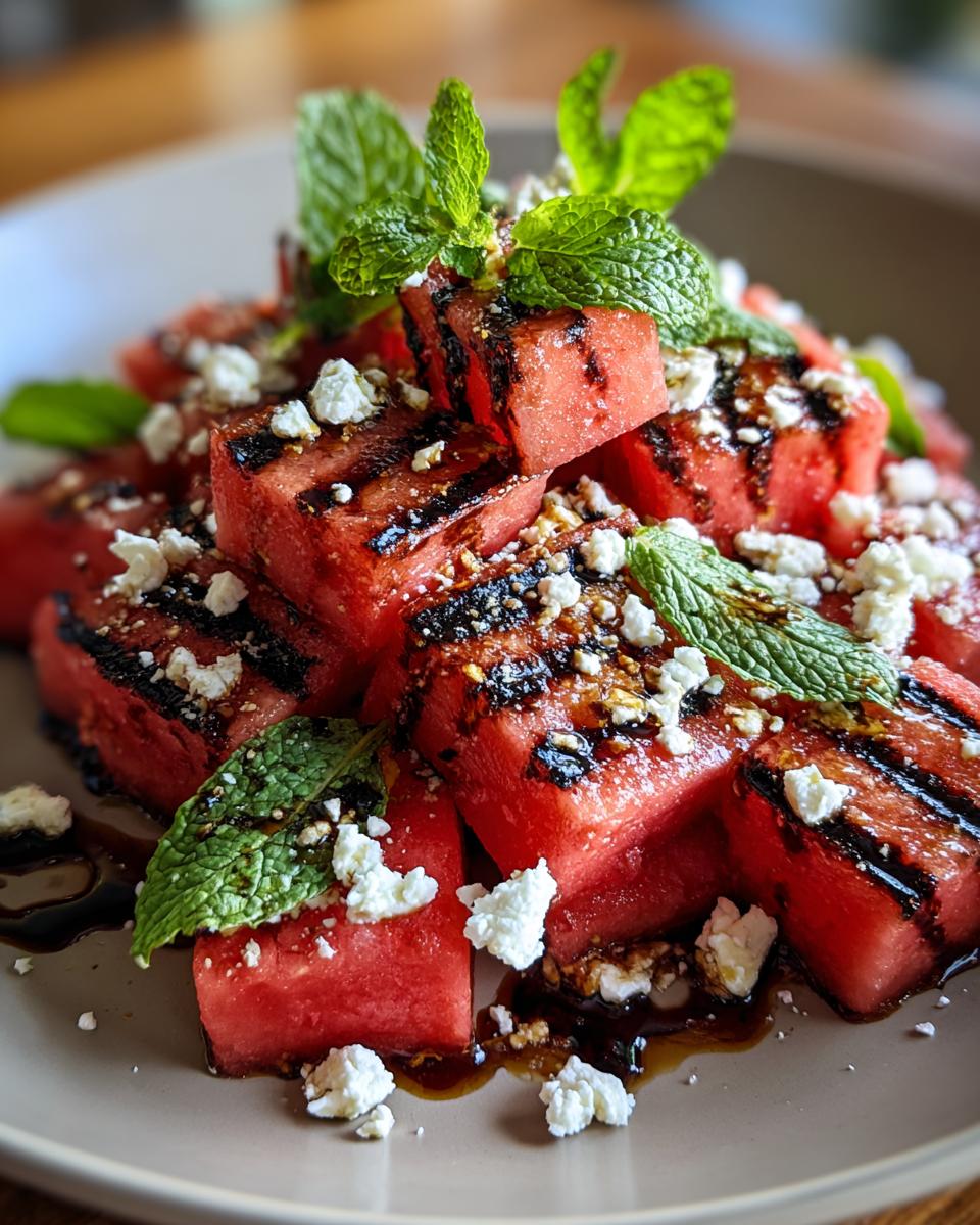 Close-up of a Grilled Watermelon Feta Salad with mint and balsamic glaze.