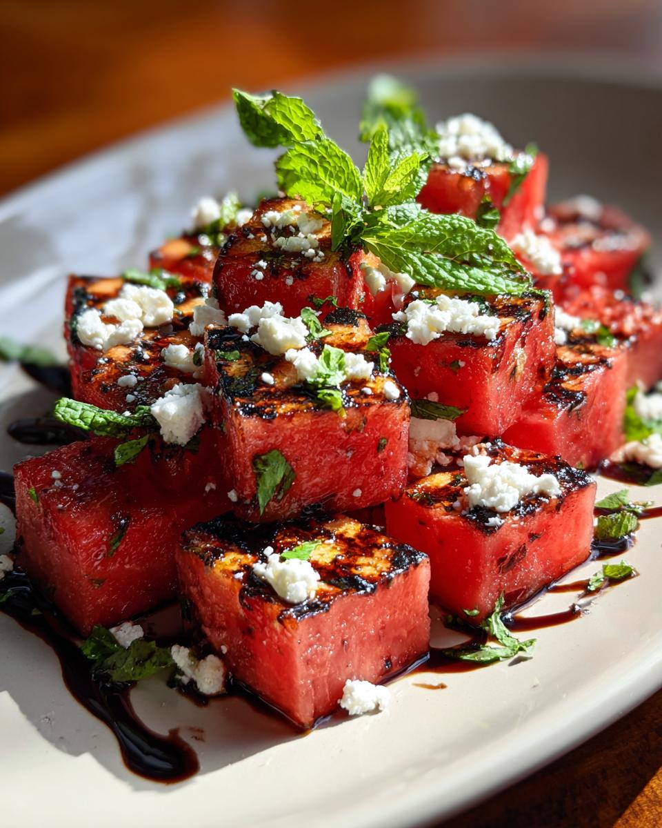 Close-up of a Grilled Watermelon Feta Salad with mint and balsamic glaze.