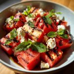 Close-up of a Grilled Watermelon Feta Salad with mint, feta cheese, and balsamic glaze.