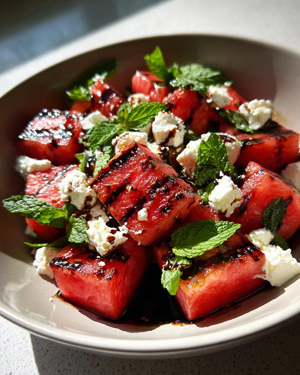 Close-up of a Grilled Watermelon Feta Salad with mint and balsamic glaze.