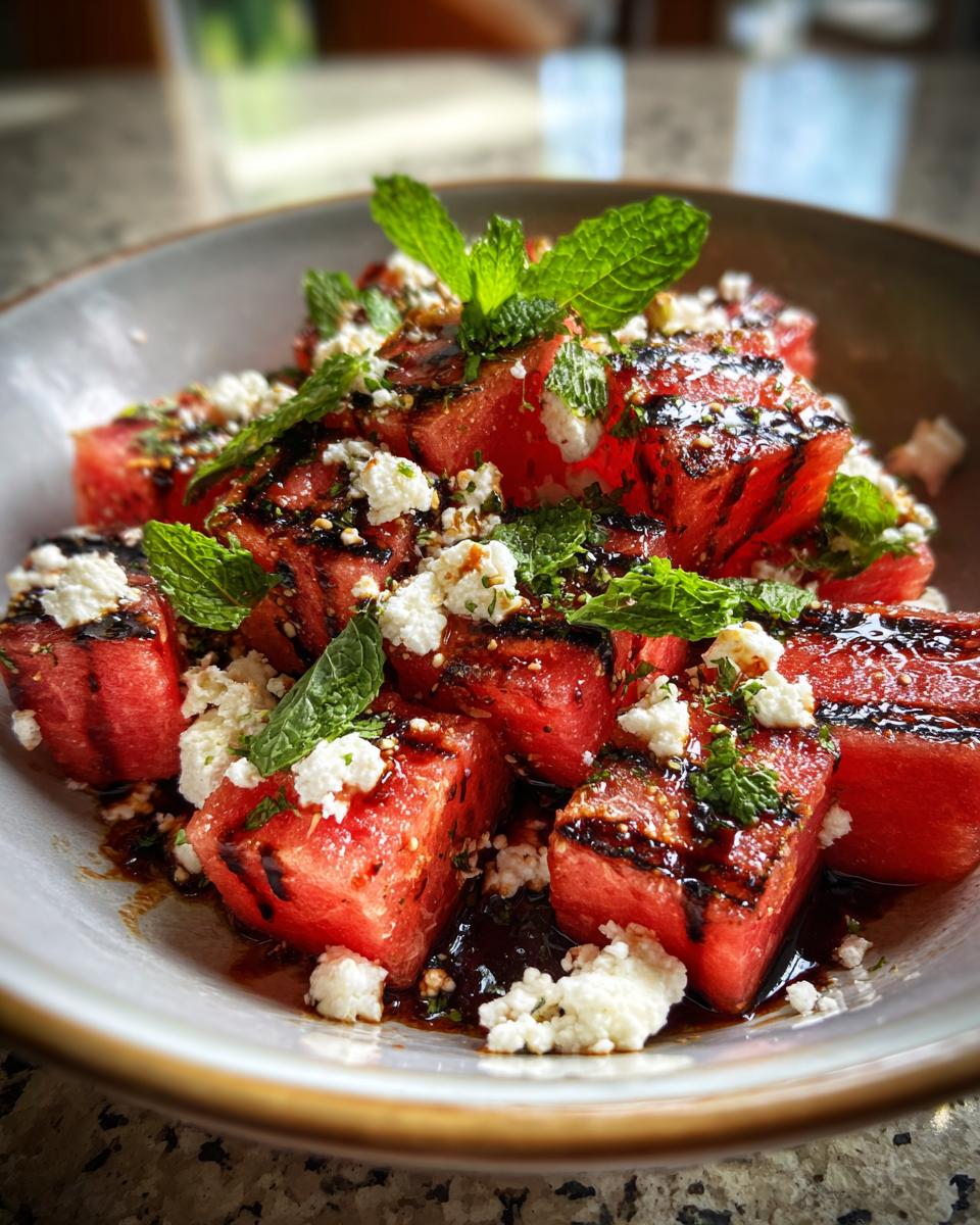 Close-up of a Grilled Watermelon Feta Salad with fresh mint and balsamic glaze.