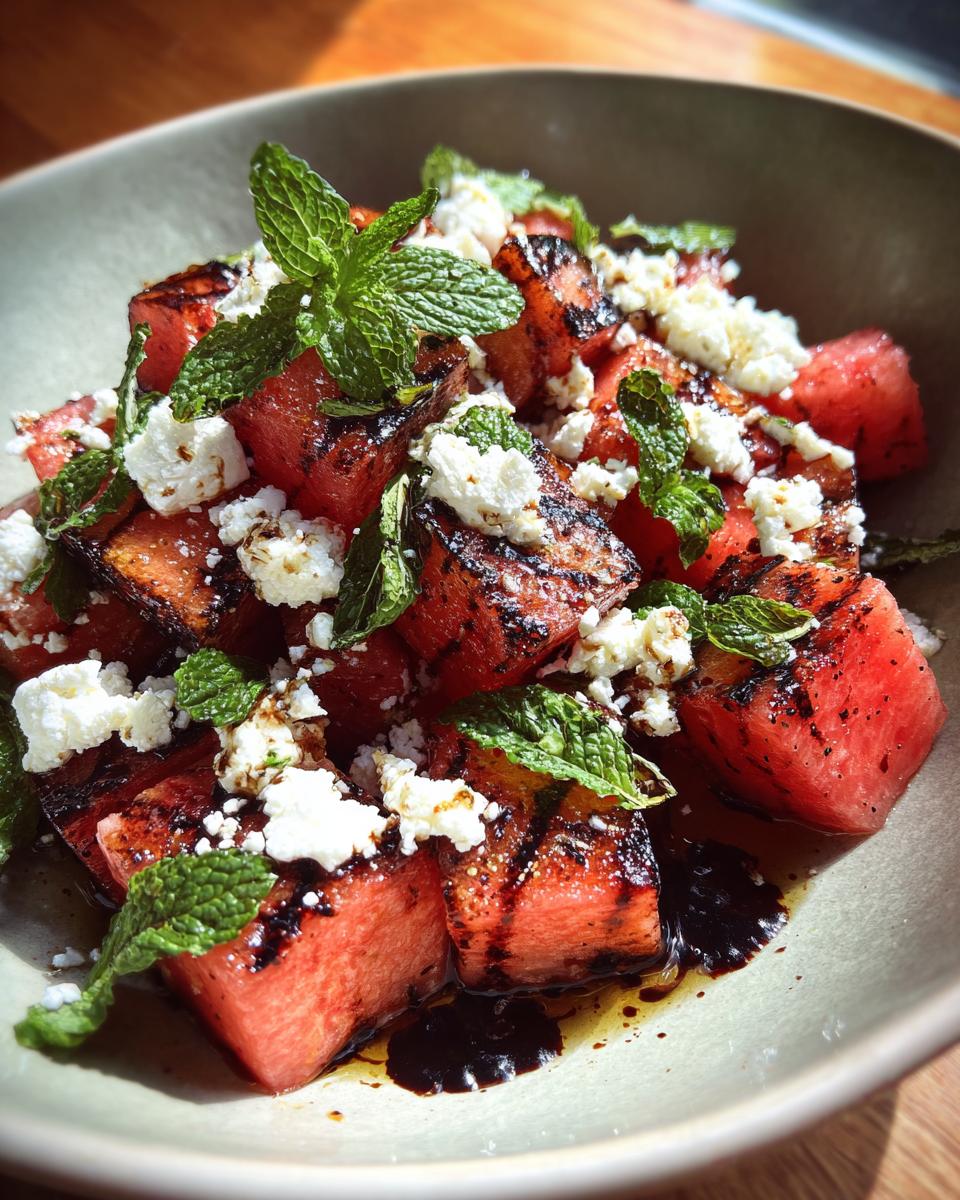 Close-up of a Grilled Watermelon Feta Salad with mint and balsamic glaze. The perfect summer salad!