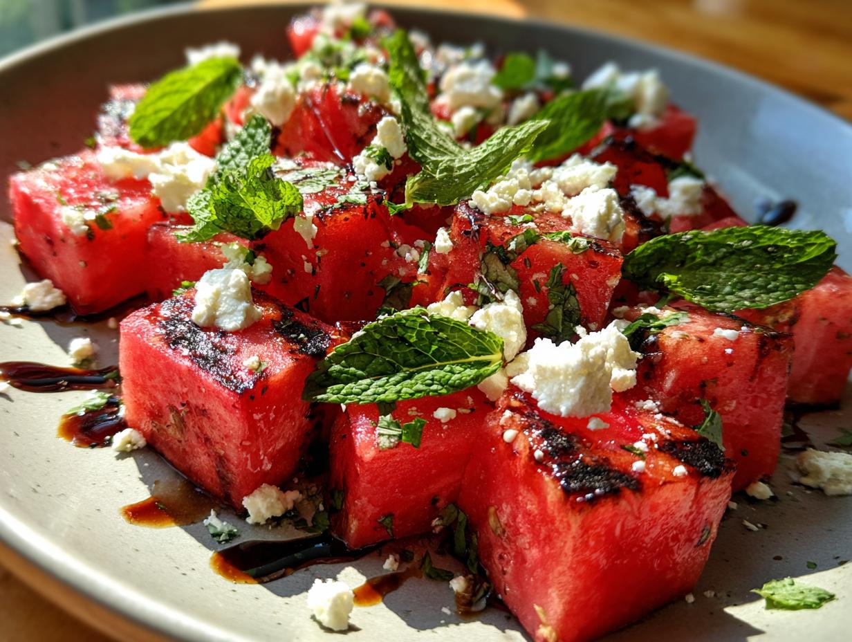 Close-up of a refreshing Grilled Watermelon Feta Salad with feta cheese and mint.