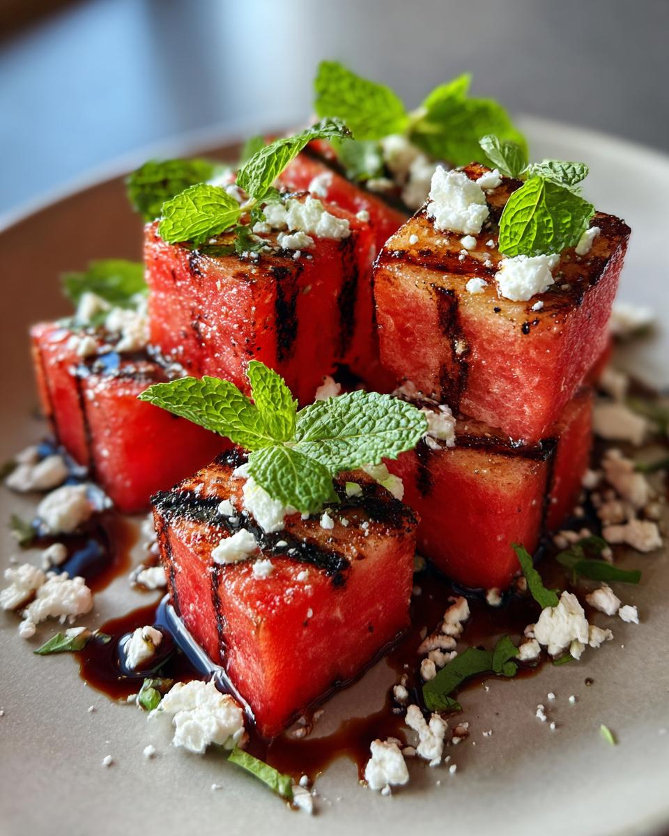 Close-up of a Grilled Watermelon Feta Salad with feta cheese, mint, and balsamic glaze.