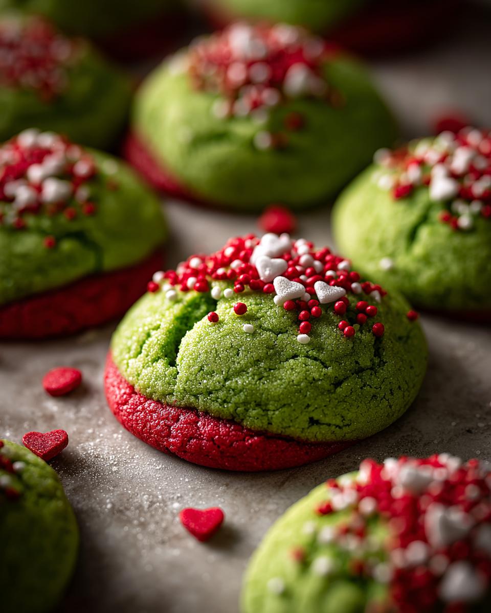Close-up of vibrant green Grinch Cookies with red bottoms and festive red and white heart sprinkles.