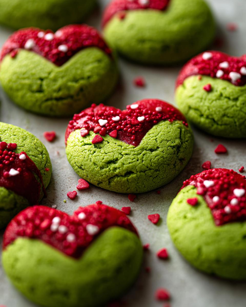 Close-up of Grinch Cookies, featuring bright green dough, red icing, and tiny heart sprinkles.