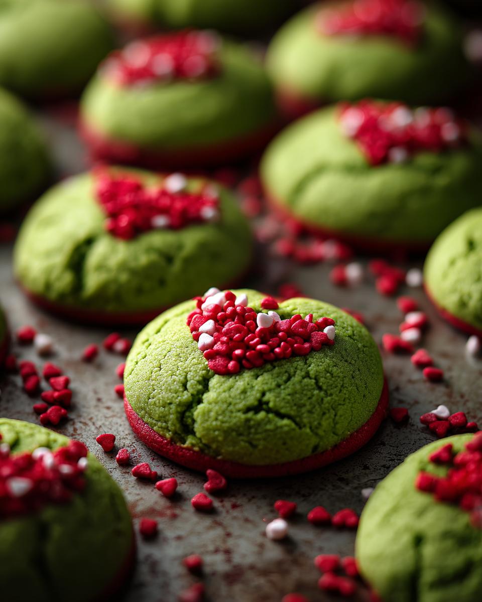 Close-up of green Grinch Cookies topped with red and white heart-shaped sprinkles on a baking sheet.