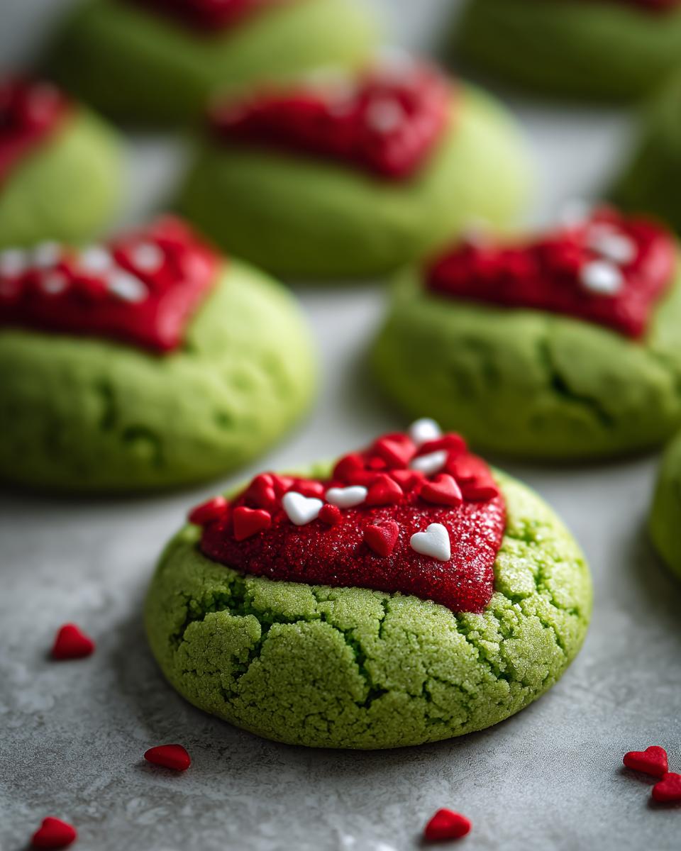 Close-up of a bright green Grinch cookie topped with red frosting and heart-shaped sprinkles.