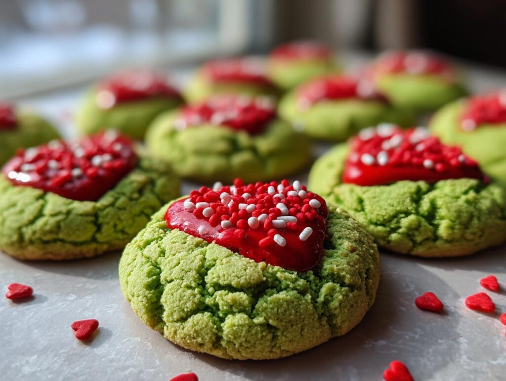Close-up of Grinch Cookies: bright green cookies topped with red glaze and white and red sprinkles, with small heart candies scattered around.