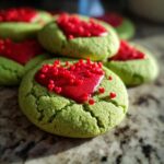 Close-up of delicious Grinch Cookies, featuring bright green cookie bases topped with red icing and tiny heart sprinkles.