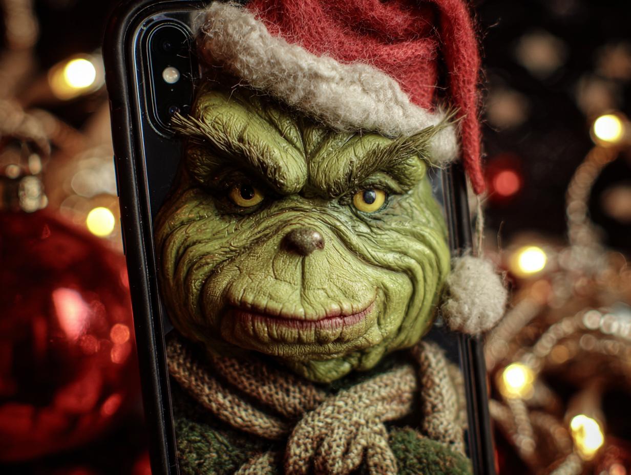 Close-up of a Grinch character with a Santa hat, on a phone screen, perfect for handmade Christmas cards.
