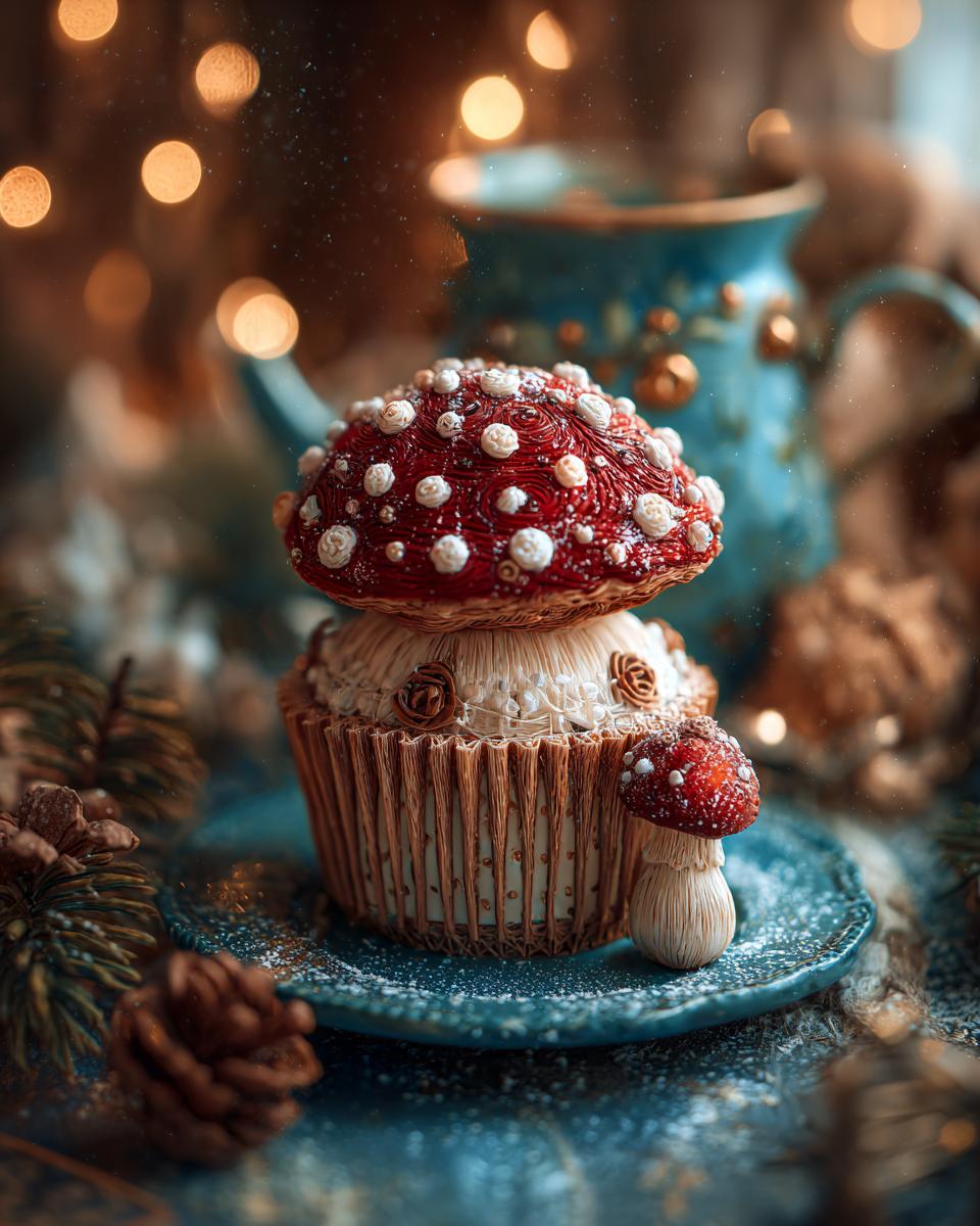 A whimsical handmade Christmas card designed to look like a stack of toadstools, with a festive, cozy background.