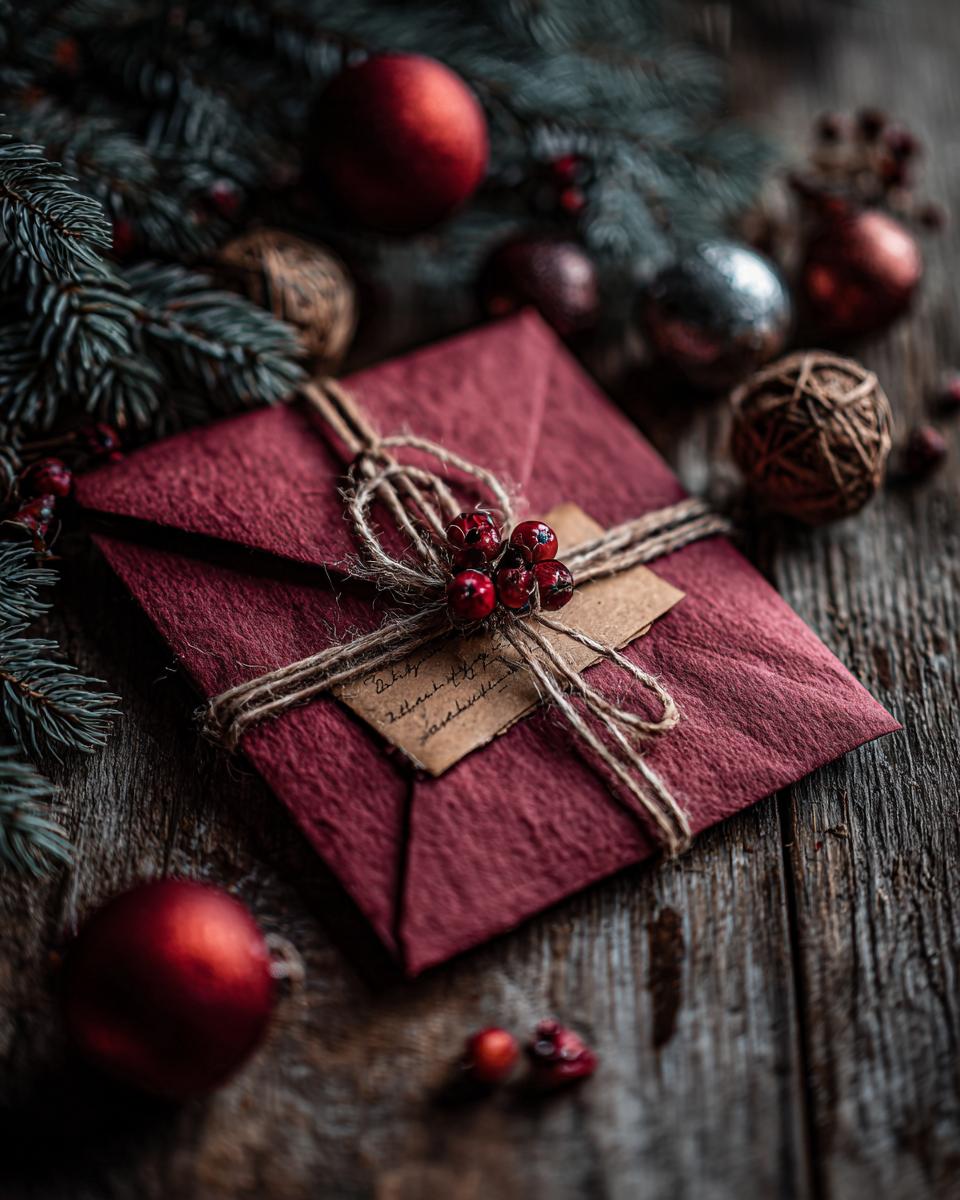 A festive red envelope tied with twine and decorated with berries, part of a Handmade Christmas Cards Tutorial.