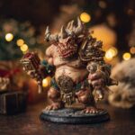 A detailed miniature troll figure adorned with festive Christmas elements, holding gifts, in a holiday setting.