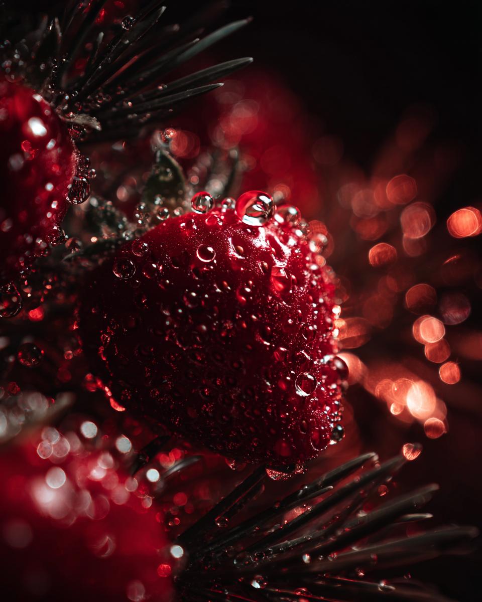 Close-up of a red berry with water droplets, nestled amongst pine needles, for a Handmade Christmas Cards Tutorial.