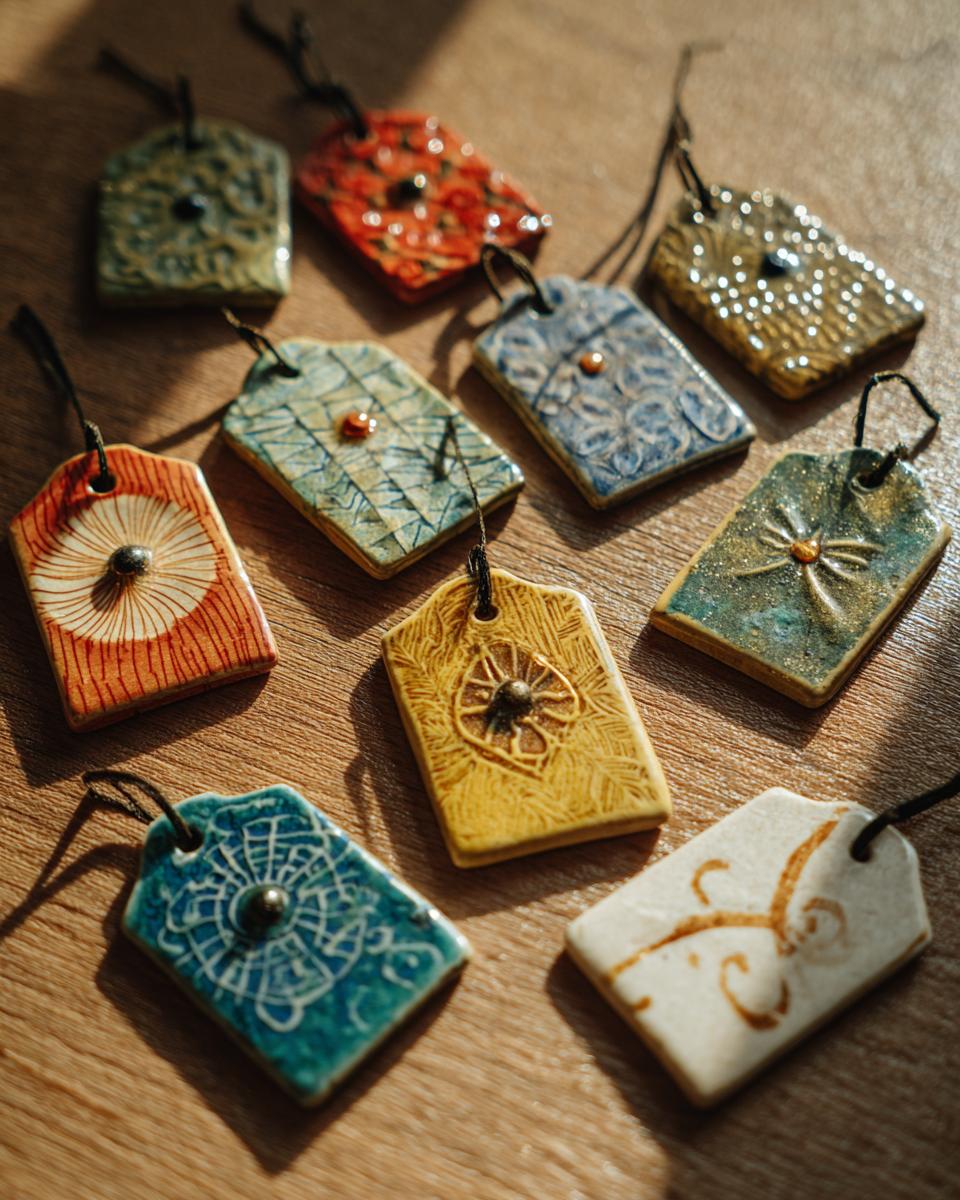 A collection of unique, handmade ceramic gift tags with intricate patterns and various glazes, perfect for a Handmade Gift Tags Tutorial.