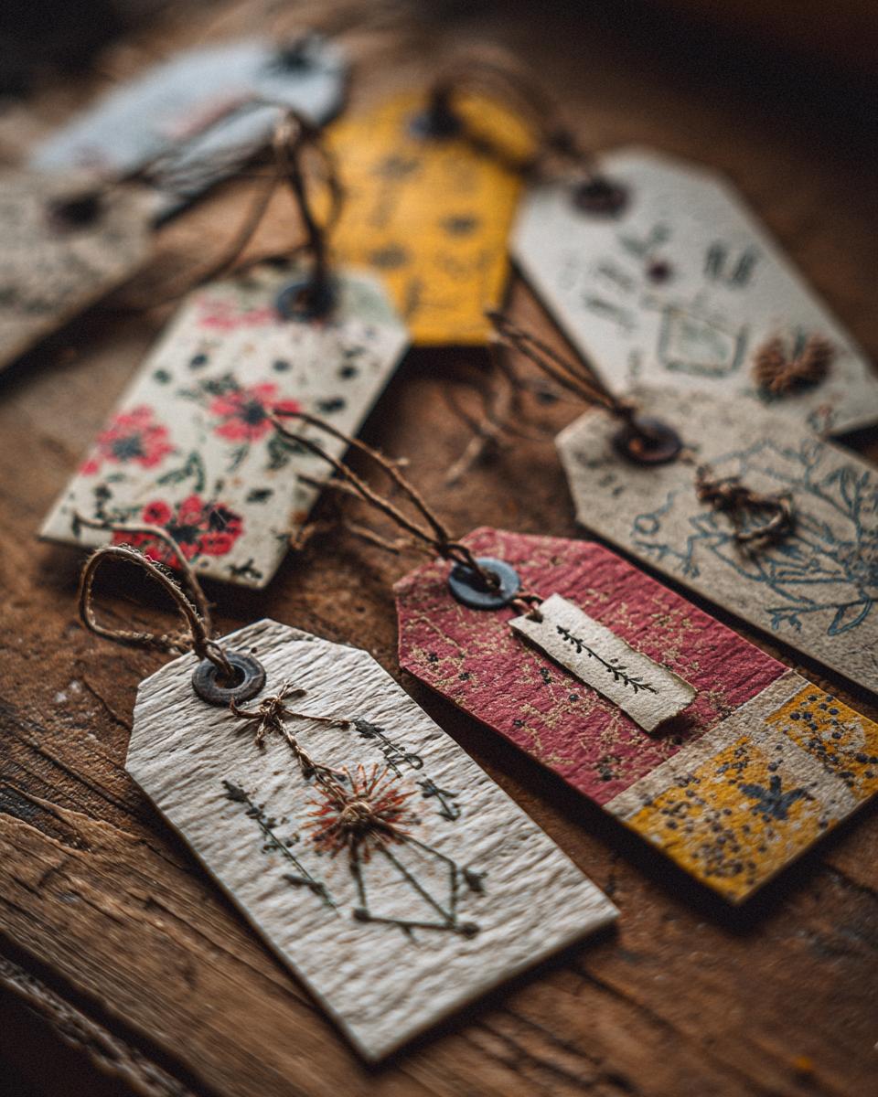 A collection of beautifully crafted handmade gift tags with floral and abstract designs, perfect for a handmade gift tags tutorial.