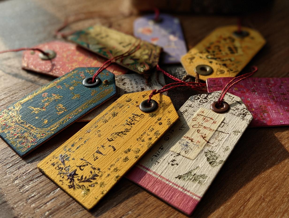A collection of beautiful, intricately designed handmade gift tags with red twine, perfect for a Handmade Gift Tags Tutorial.