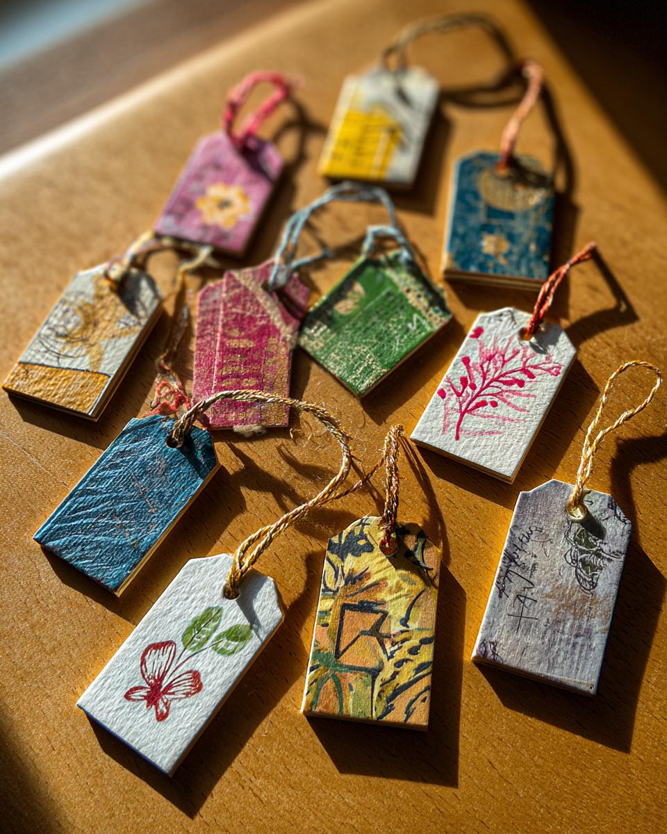 A collection of colorful, handmade gift tags with various artistic designs and twine strings, perfect for a tutorial.