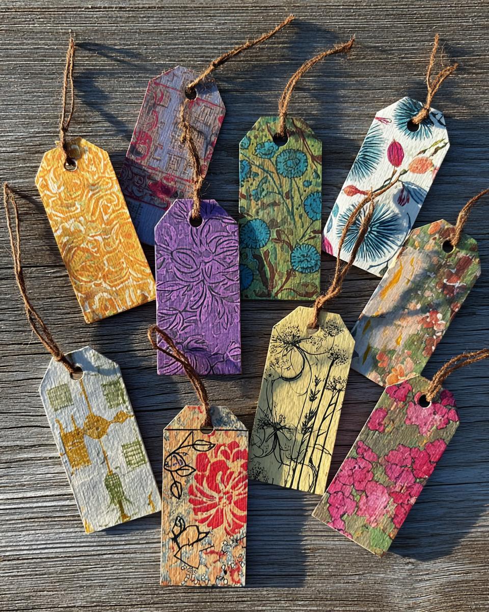 A collection of various handmade gift tags with floral and abstract patterns, each with twine attached.