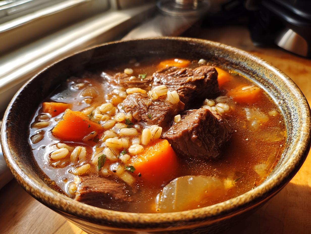 Close-up of a bowl of Hearty Beef & Barley Soup with beef chunks, barley, and carrots.