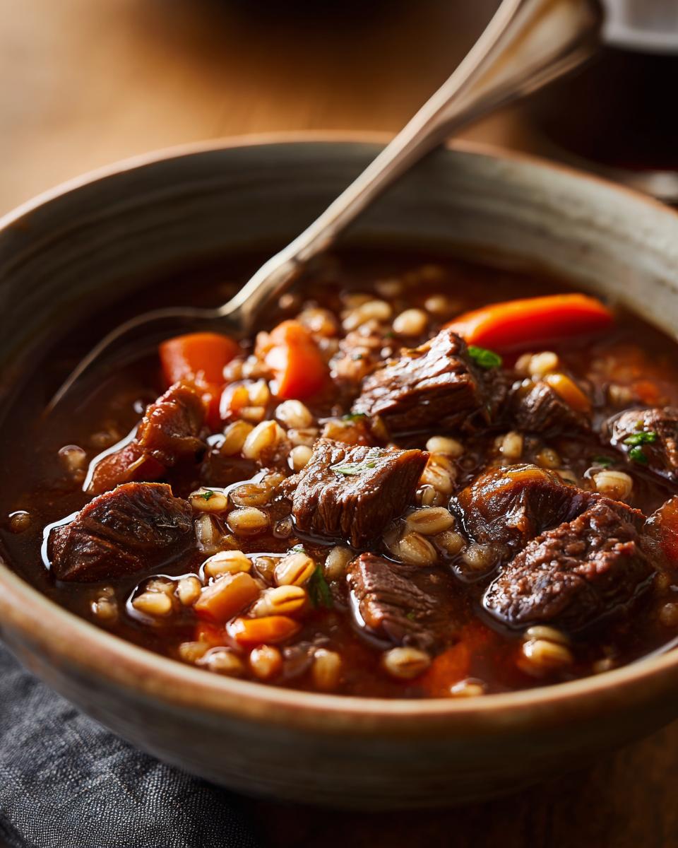 Close-up of a bowl of Hearty Beef & Barley Soup with chunks of beef, barley, and carrots.