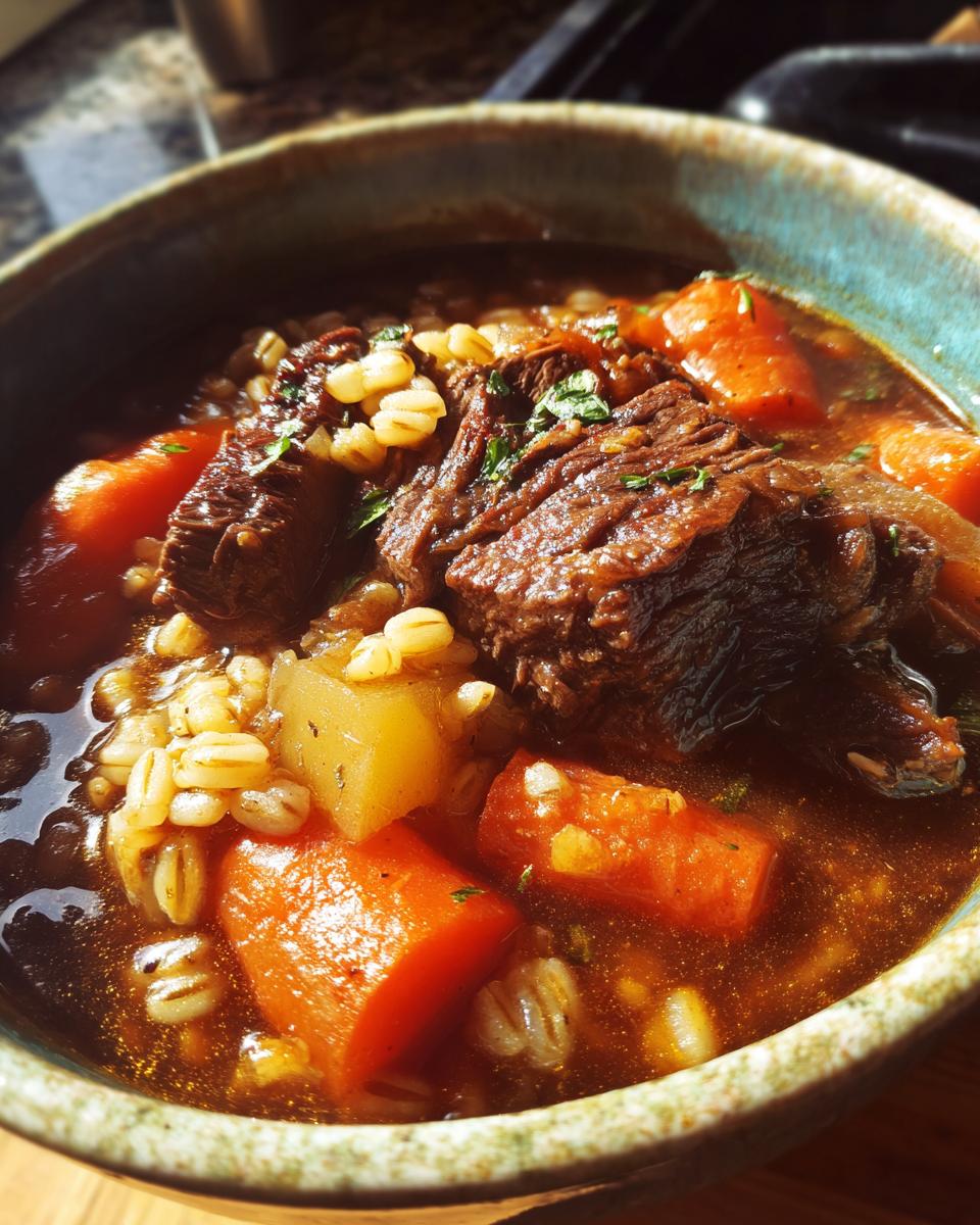 Close-up of a bowl of Hearty Beef & Barley Soup with beef chunks, barley, and carrots.
