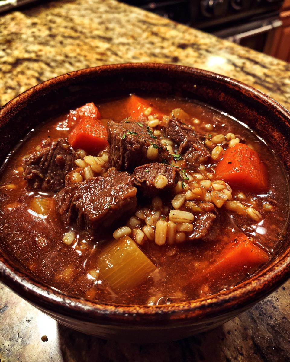 Close-up of a bowl of Hearty Beef & Barley Soup with beef chunks, barley, and carrots.