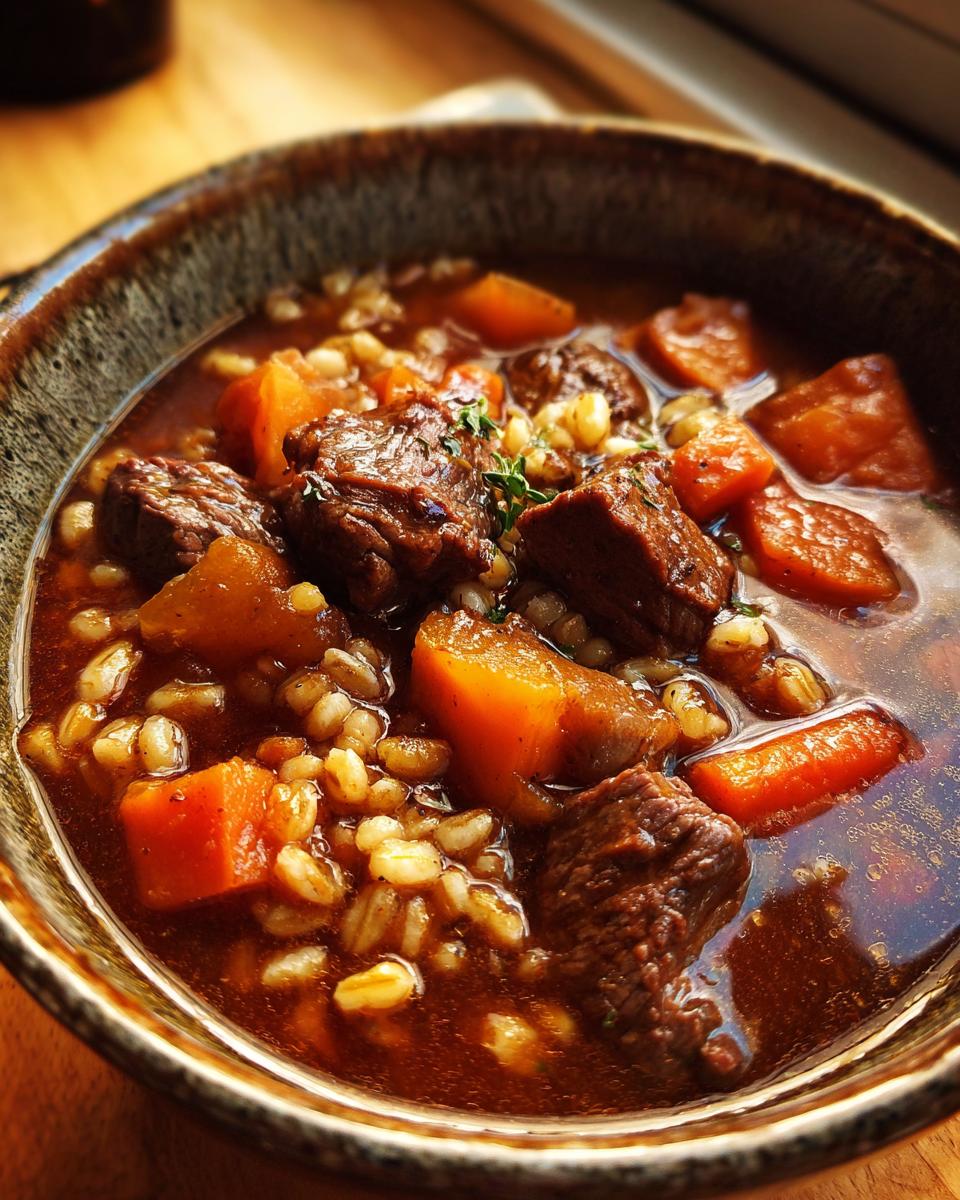 Close-up of a bowl of Hearty Beef & Barley Soup with beef, barley, and carrots.