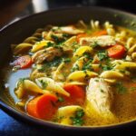 Close-up of a bowl of hearty chicken noodle soup, featuring tender chicken, pasta, and bright orange carrot slices, garnished with fresh parsley.