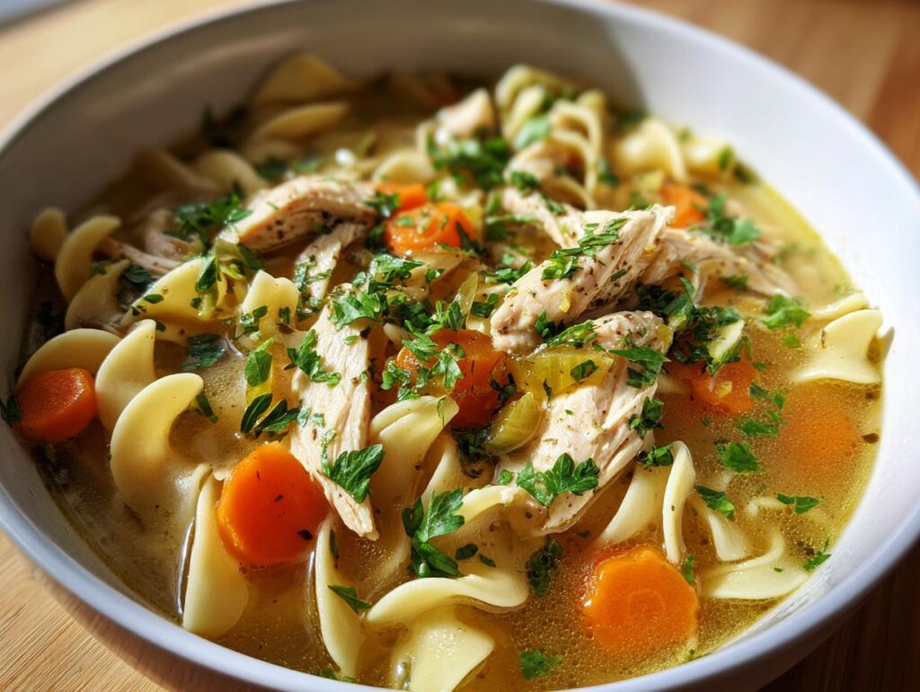 A close-up of a bowl of hearty chicken noodle soup, featuring shredded chicken, wide noodles, carrots, and parsley.