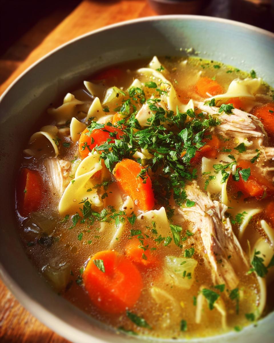 A close-up of a steaming bowl of Hearty Chicken Noodle Soup with wide noodles, shredded chicken, and carrots, garnished with fresh parsley.