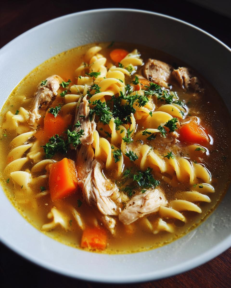 A close-up of a bowl of hearty chicken noodle soup with shredded chicken, carrots, and fusilli pasta, garnished with parsley.